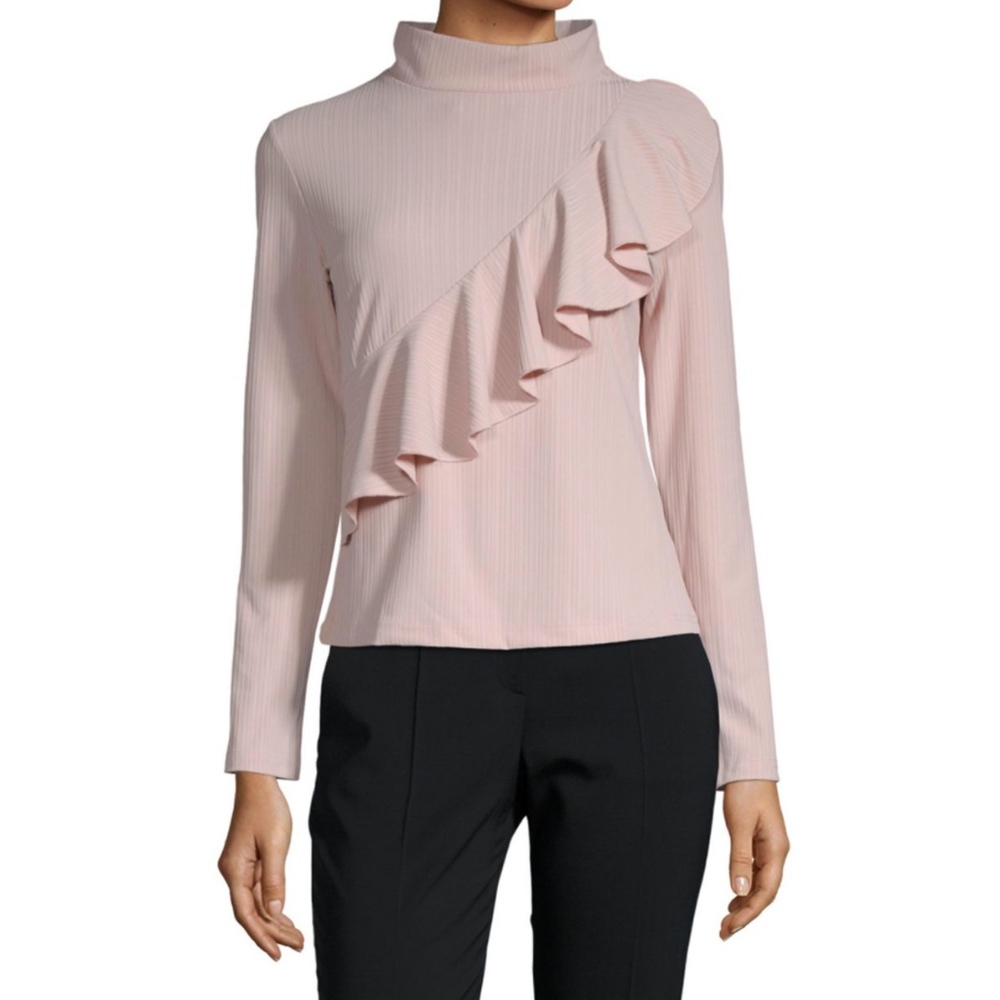 Haute Rogue Ribbed Pink Asymmetrical Ruffle Long Sleeve Mock Neck Top Sz Medium